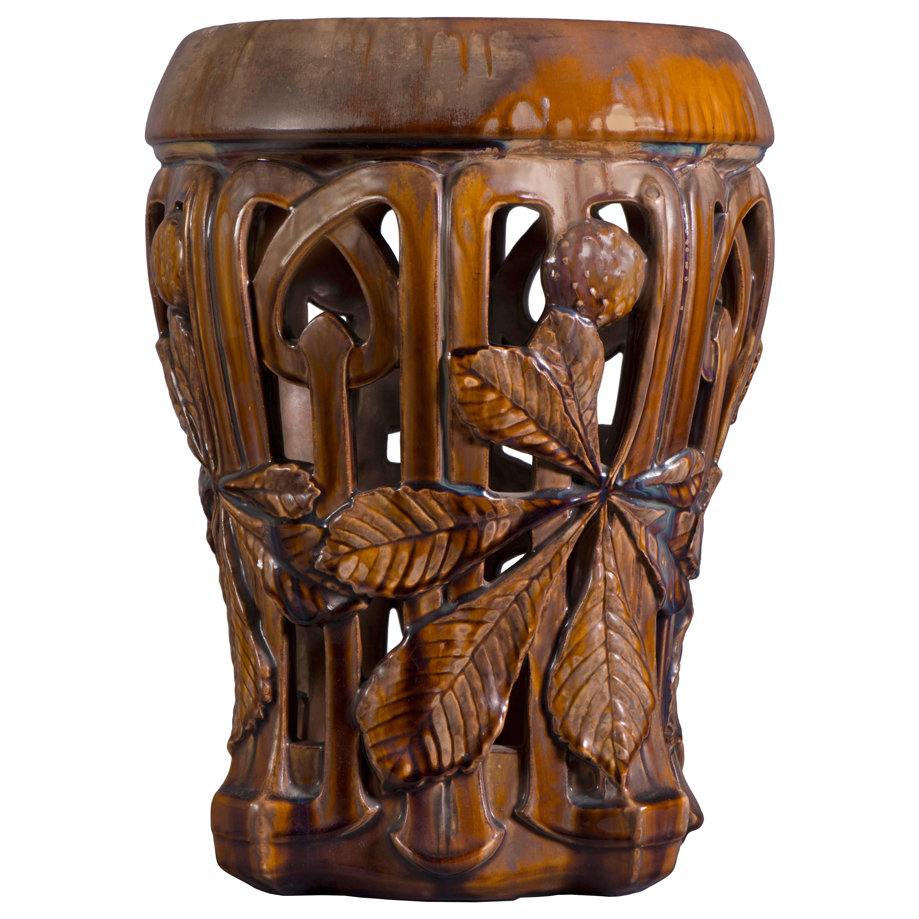 Rare Art Nouveau Ceramic Stool with Chestnut Leaves Decor For Sale