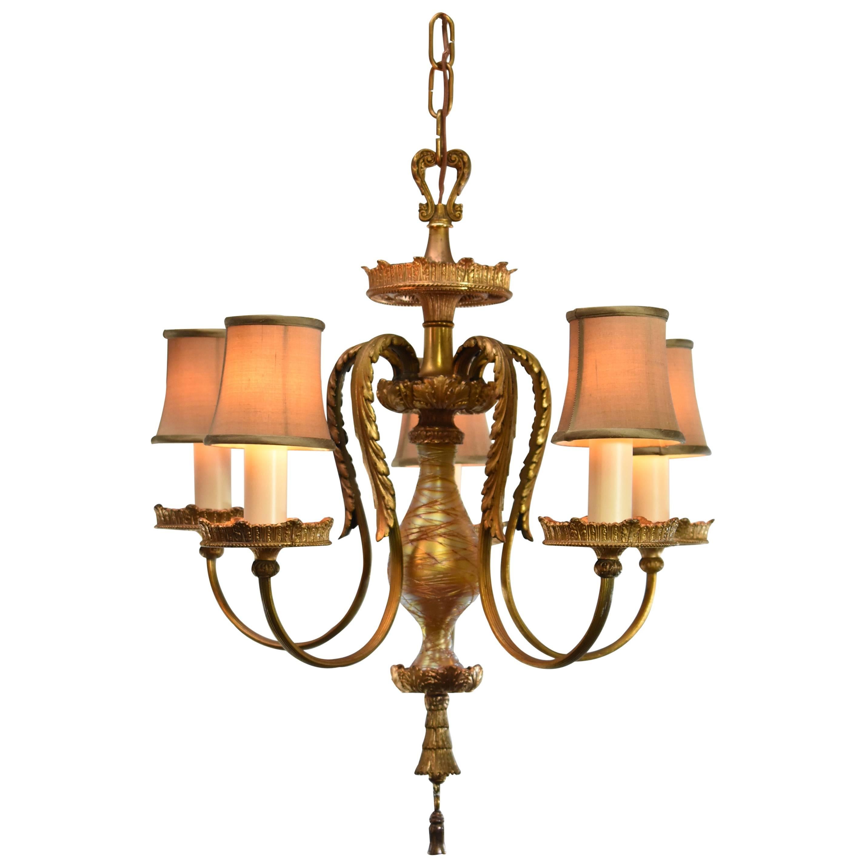 American Durand Art Glass Five-Arm Chandelier with Gold Dore For Sale