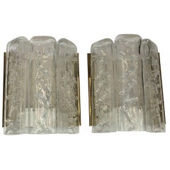 Pair of Brass and Ice Glass Wall Sconces by Doria Leuchten, Germany