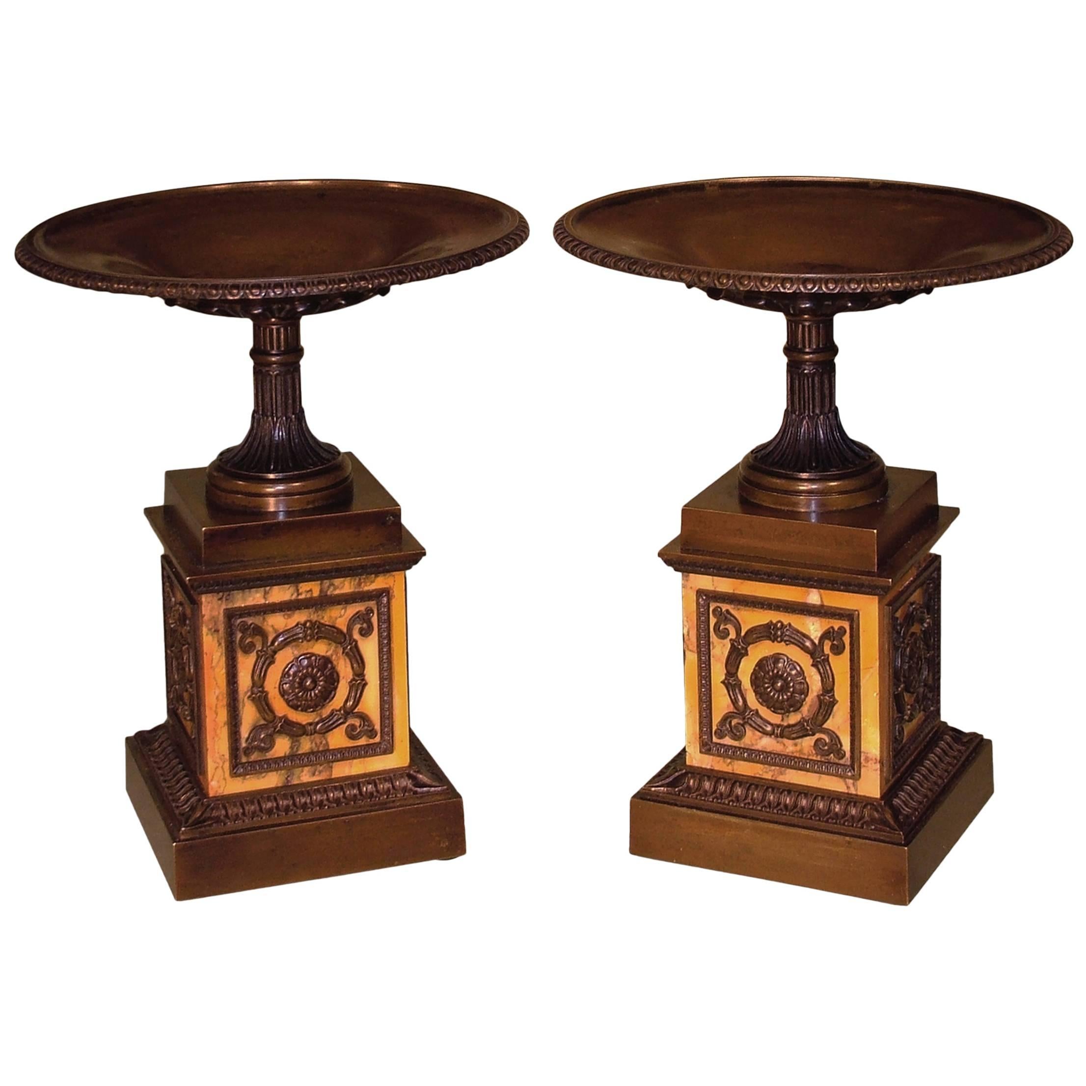 Fine Large Pair of Regency Period Bronze and Marble Tazzas