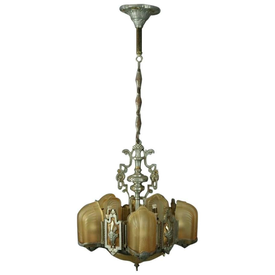 Antique French Art Deco Five-Light Slip Shade Chandelier with Amber, circa 1920
