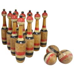 Antique Late 19th Century Set of Lawn Bowling Skittles with Balls in Original Paint