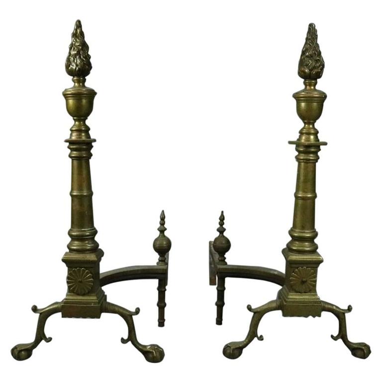 Tall Federal Style Brass Andirons with Ball and Claw Feet For Sale at