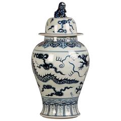 Vintage Chinese Blue and White Temple Jar with Lid, circa 1975