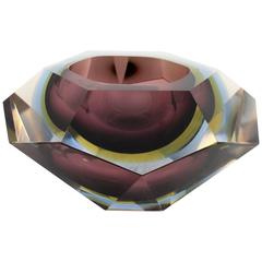 1950s Flavio Poli Garnet, Blue Yellow Faceted Murano Glass Giant Diamond Bowl