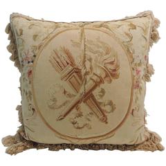 Large Aubusson Tapestry Pillow with Cotton Trim and Woven Tassels