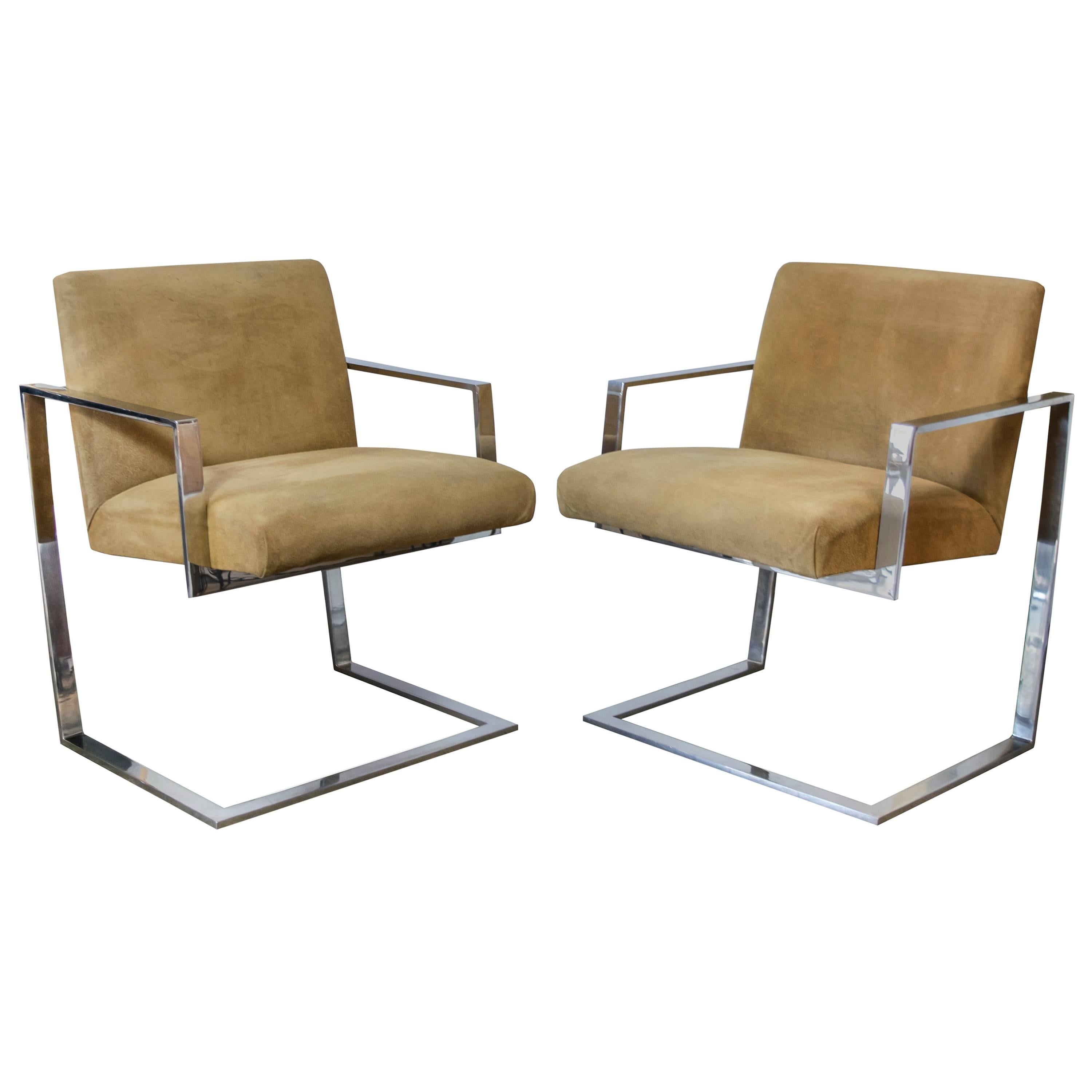 Pace Collection Cantilevered Chrome and Camel Suede Chairs