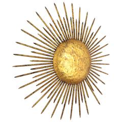 1940s French Hand-Hammered Iron Gold Leaf Gilt Sunburst Light Fixture