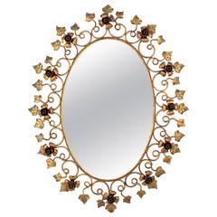 1950s Spanish Hand-Hammered Floral Gilt Iron Oval Mirror 10