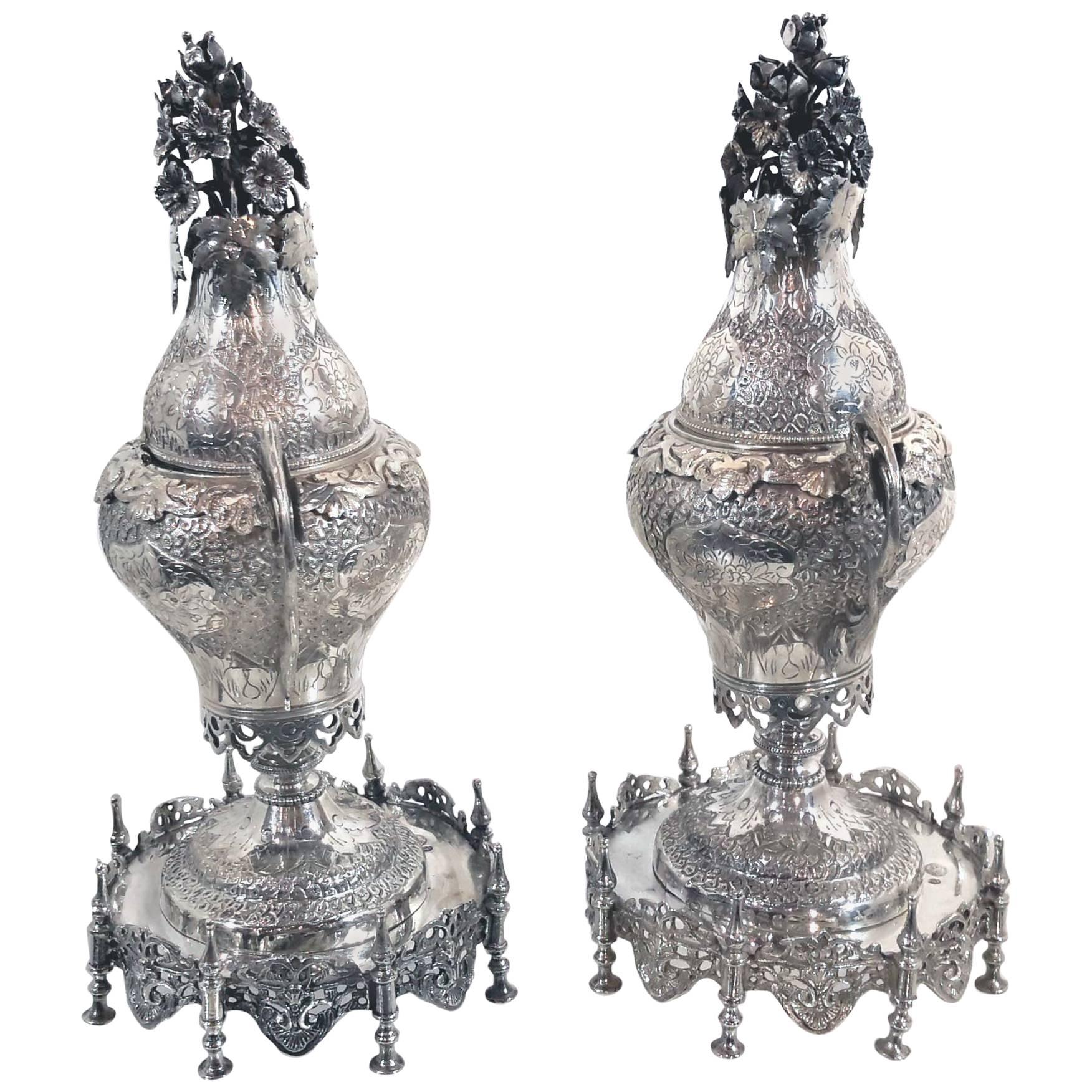 Pair of Ottoman Silver Spice & Rosewater Containers, Turkey, 19th Century