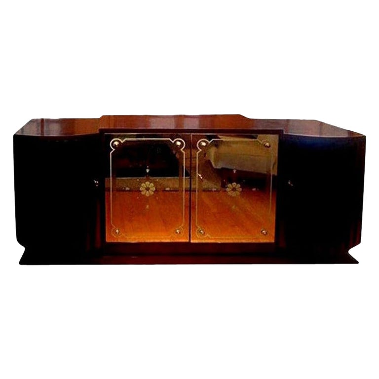 French Art Deco Credenza with Mirrored Doors After Jules Leleu For Sale