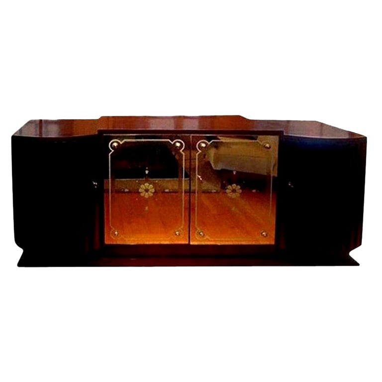 French Art Deco Credenza with Mirrored Doors After Jules Leleu