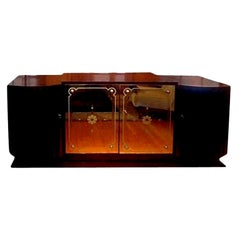 Vintage French Art Deco Credenza with Mirrored Doors After Jules Leleu