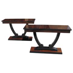 Spectacular Pair of French Art Deco Macassar Ebony Console Tables, circa 1940s Spectacular Pair of French Art Deco Macassar Ebony Console Tables, circa 1940s
