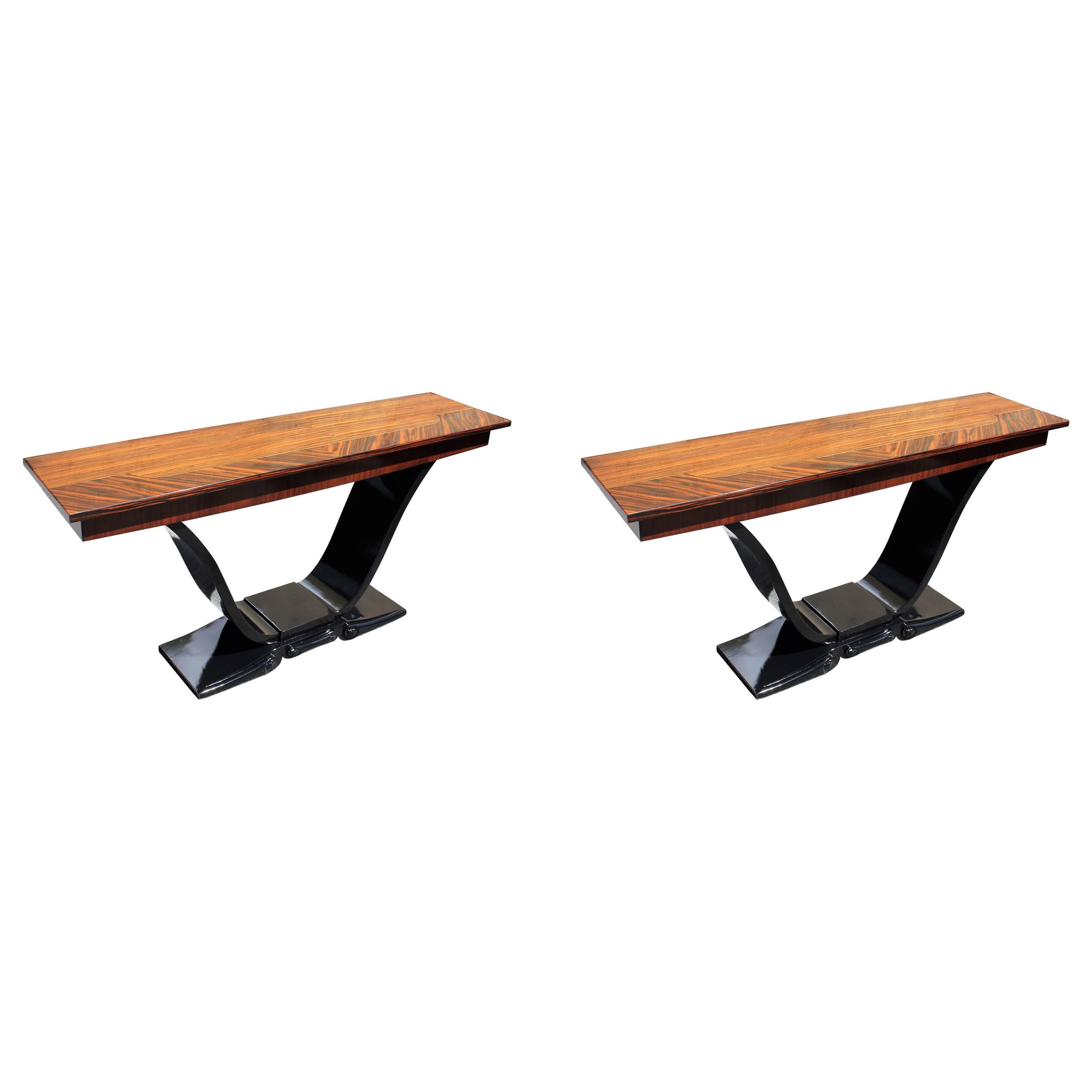 Long Pair of French Art Deco Macassar Ebony Console Tables, circa 1940s