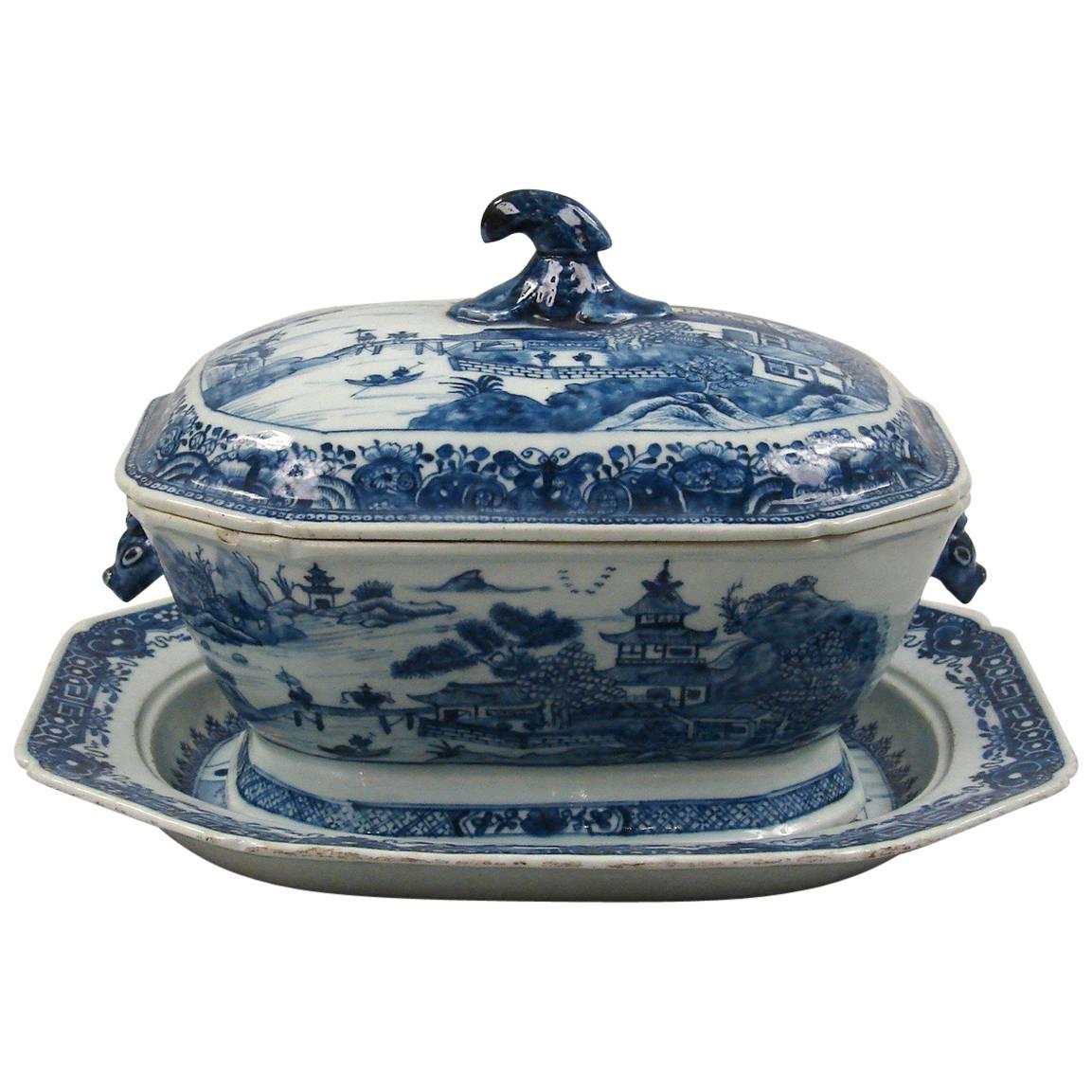 Chinese Export Canton Blue and White Soup Tureen and Underplate