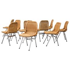 Set of Ten Dirk Van Sliedregt Rattan and Chrome Chairs