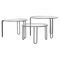 Set of Three Round Wire Modernist Nesting Tables with Inset Glass