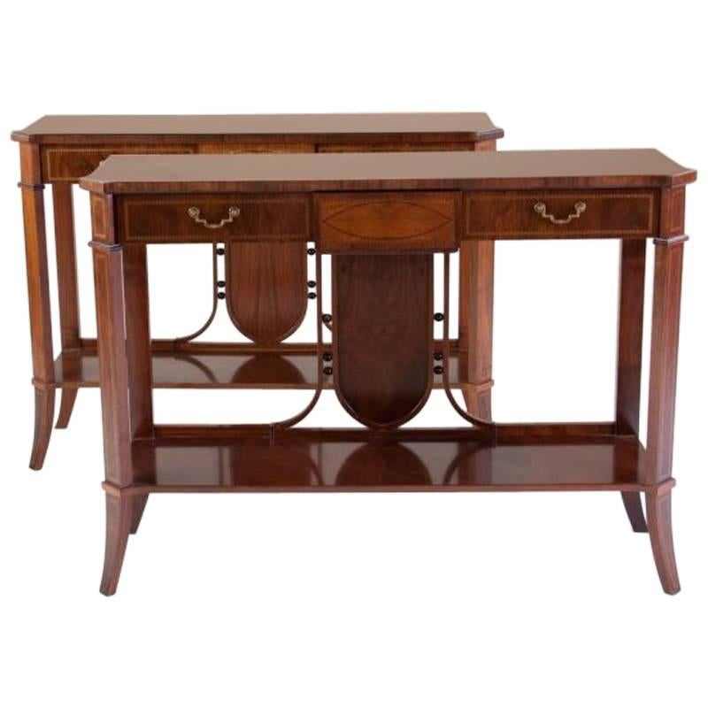 Pair of Italian Art Deco Style Mahogany and Satinwood Inlaid Consoles