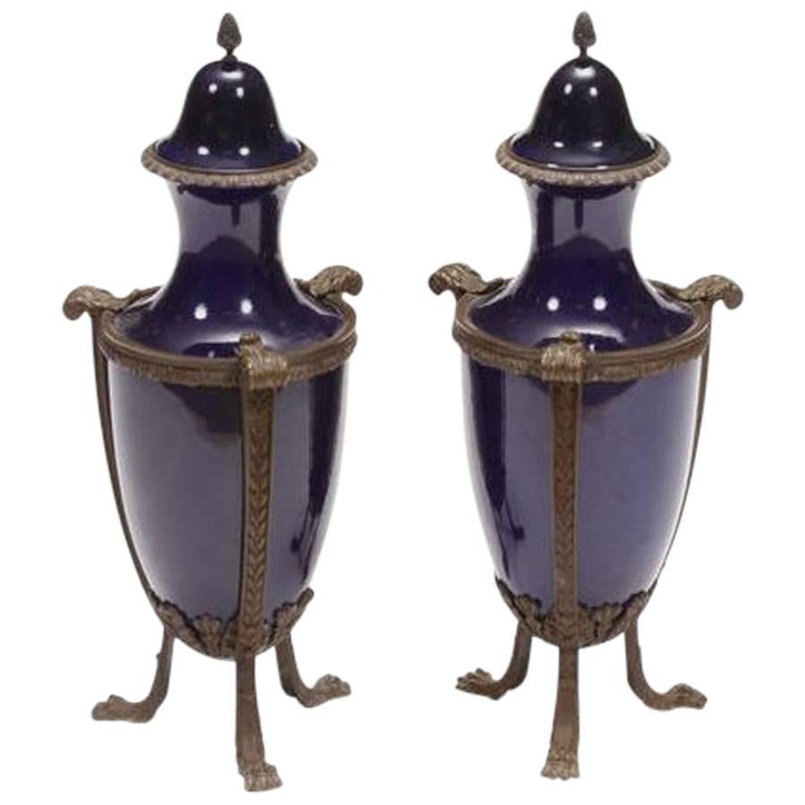 Pair of French Cobalt Blue Porcelain Urns, 19th Century