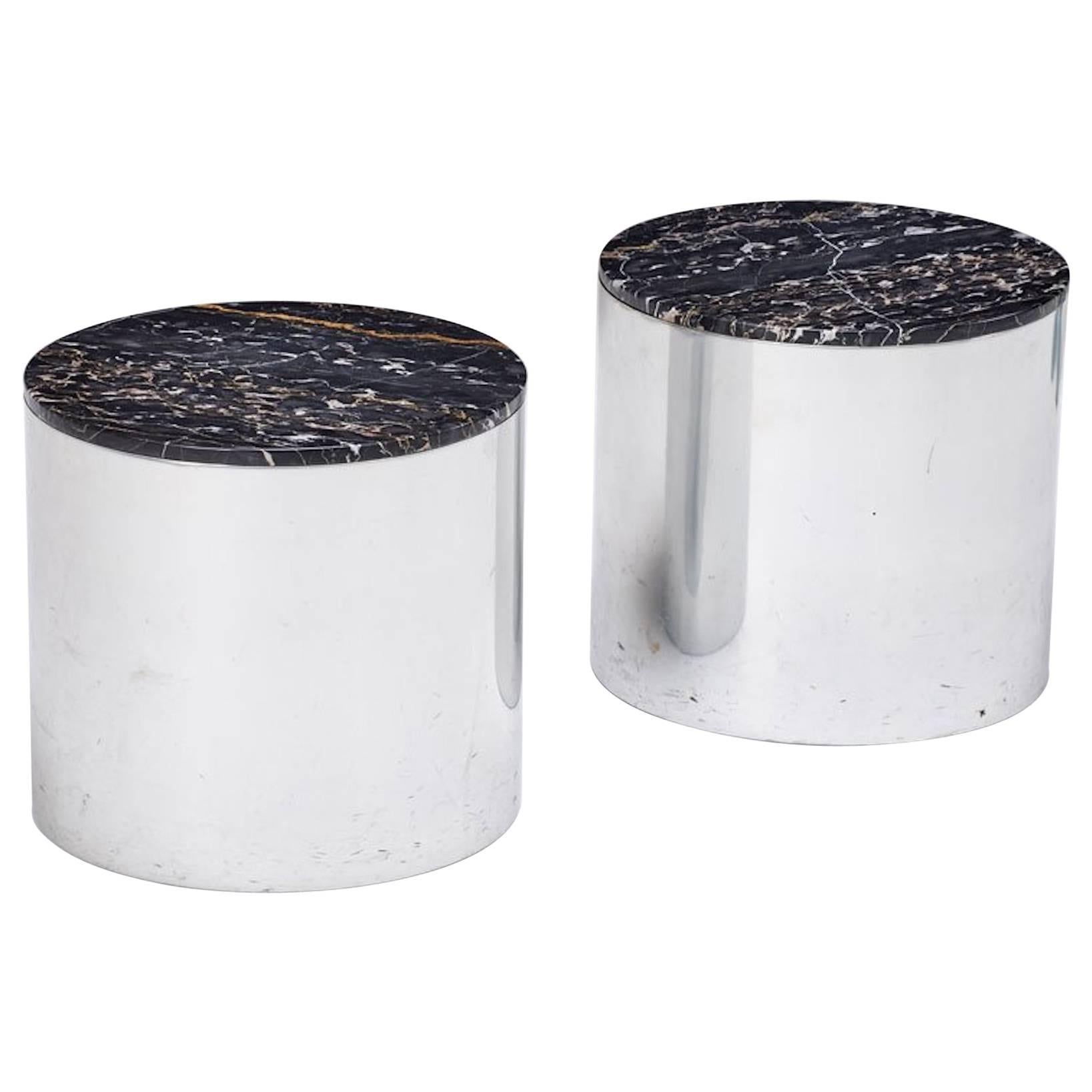 Pair of Paul Mayen for Habitat, Polished Stainless and Marble Side Tables