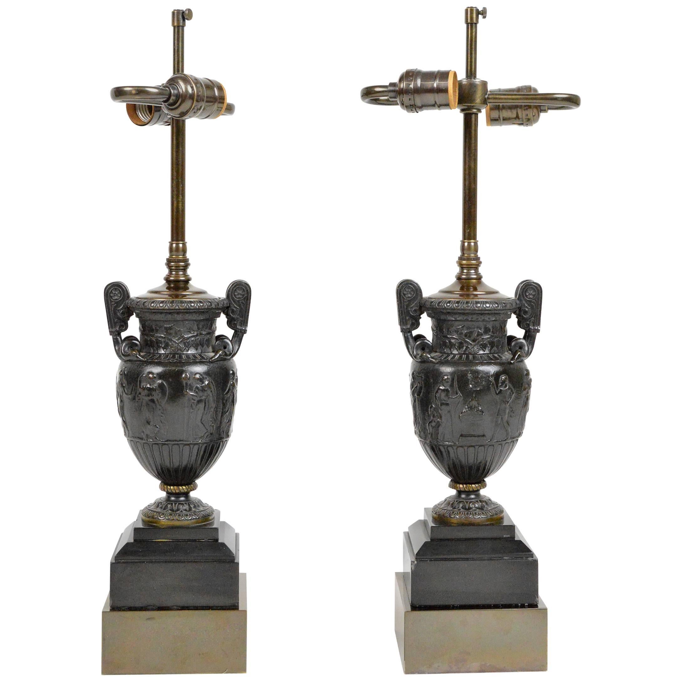 Pair of Bronze Classical Urns Mounted as Lamps For Sale