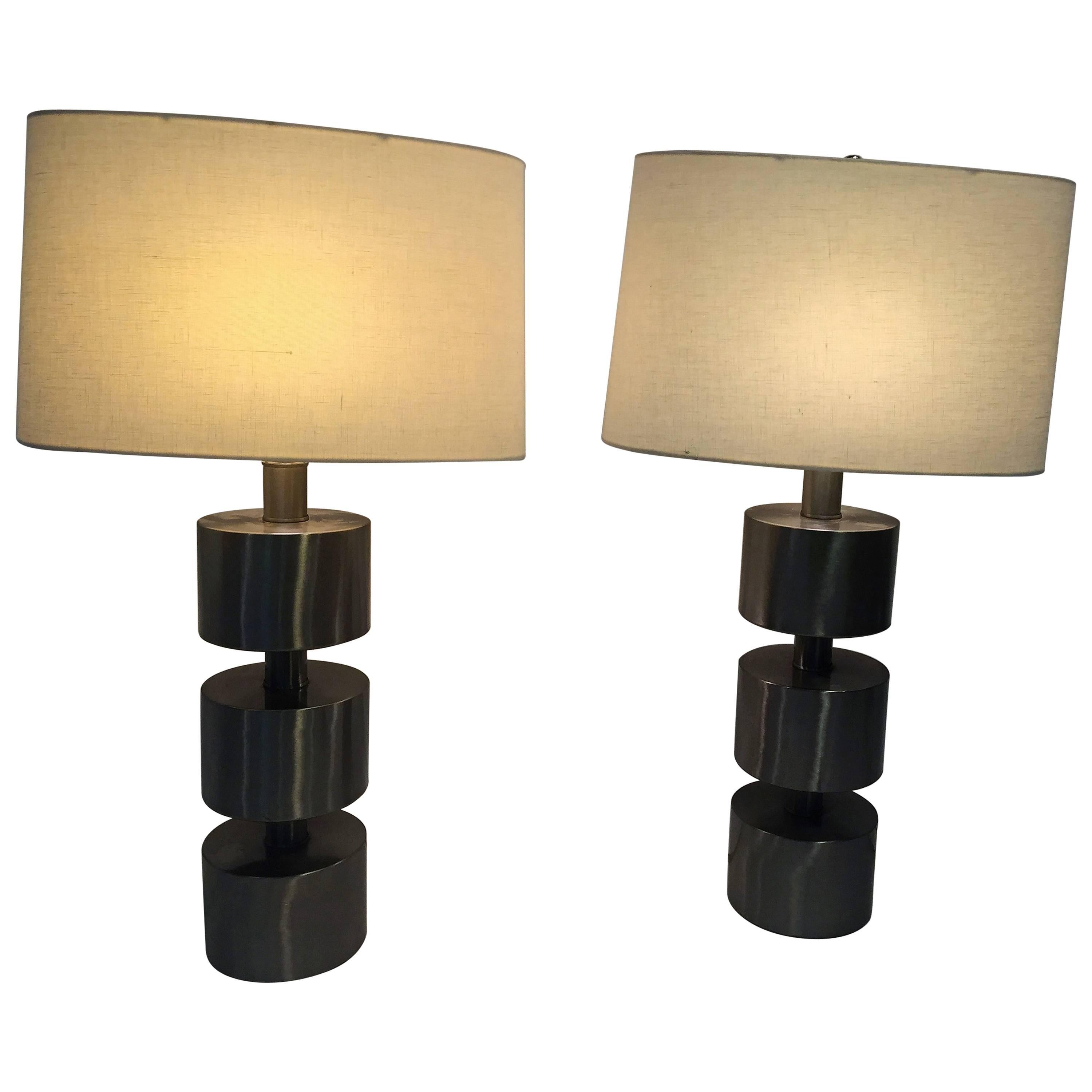 Fantastic Modern Pair of Pierre Cardin Style Brushed Nickel Lamps For Sale