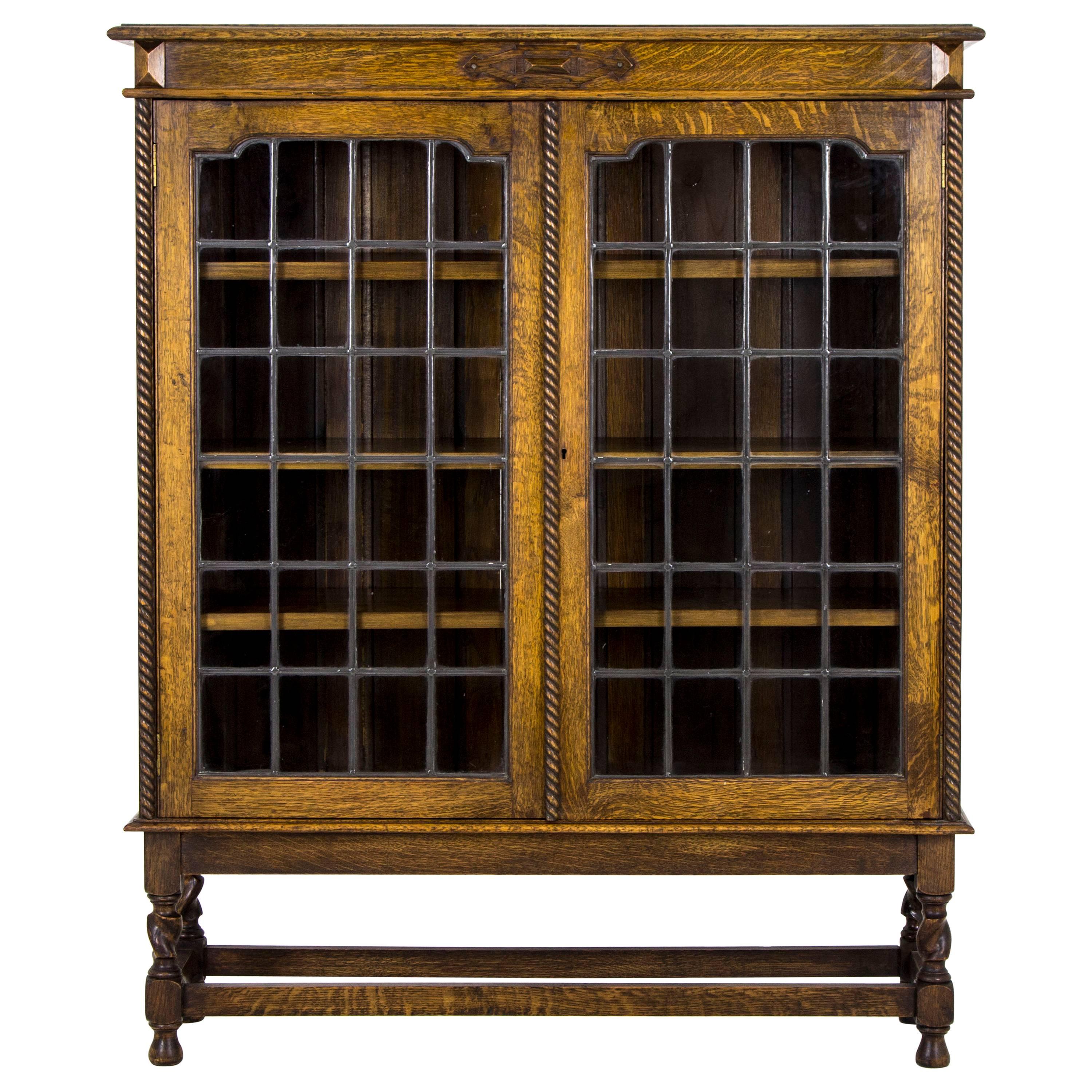 Antique Scottish Leaded Glass Tiger Oak Two-Door Barley Twist Bookcase