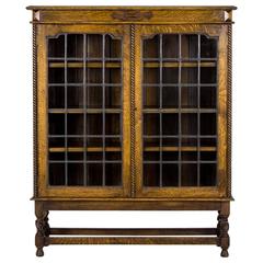 Antique Scottish Leaded Glass Tiger Oak Two-Door Barley Twist Bookcase