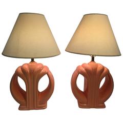 Fabulous Pair of Vibrant Coral Karl Springer Influenced Ceramic Lamps