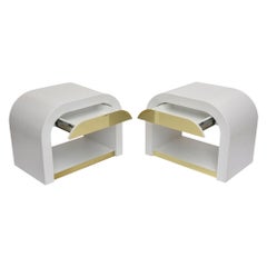Vintage Pair American White Enameled and Brass Waterfall Bedside Tables, Karl Springer