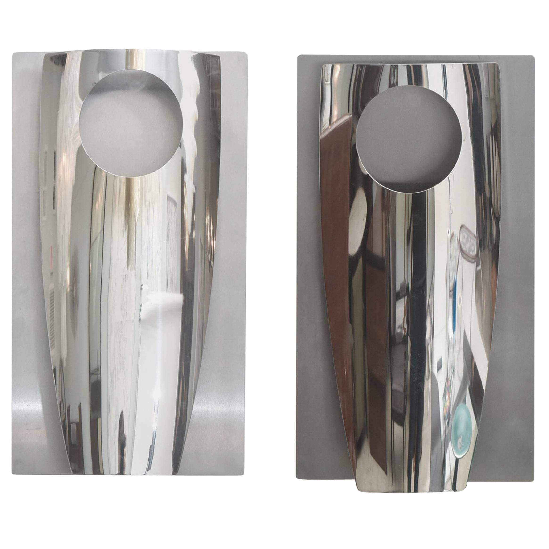 Pair of Italian Modern Polished Chrome and Stainless Steel Wall Lights, Reggiani For Sale