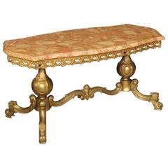 20th Century French Coffee Table in Golden Metal with Marble-Top