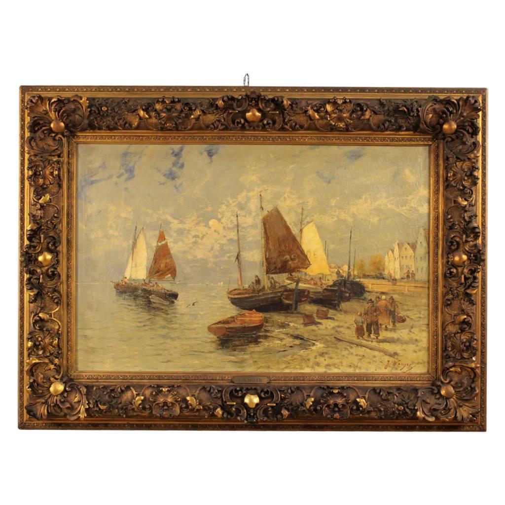 19th Century Dutch Seascape Painting with Golden Frame