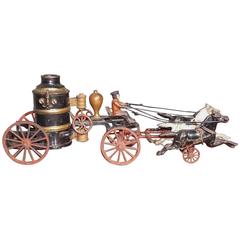 Antique American Horse Drawn Cast Iron Fire Pump Toy Wagon , Circa 1880