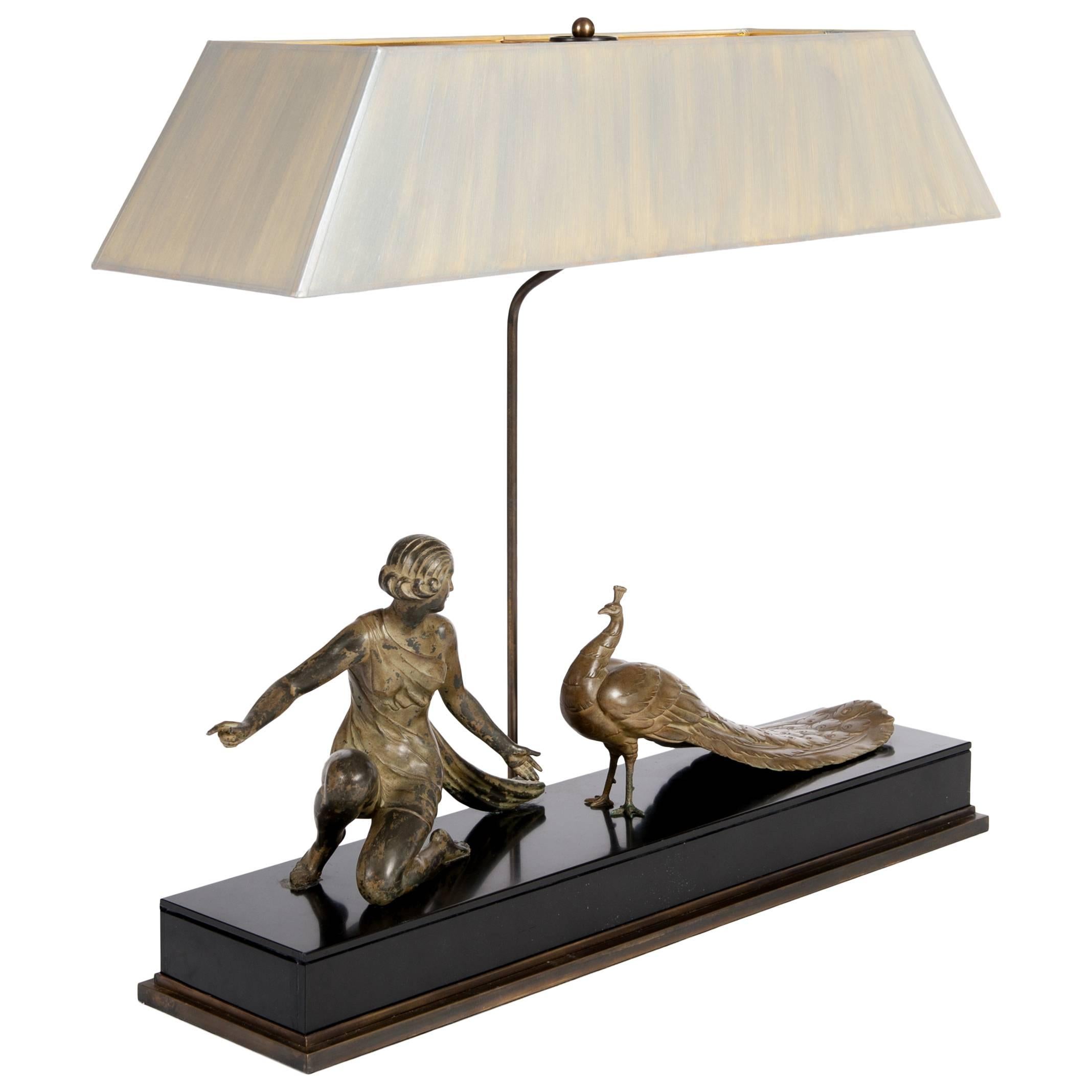 Large Art Déco Figural Table Lamp in Cast Bronze on Marble Top, Signed A. Ouline