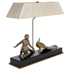 Antique Large Art Déco Figural Table Lamp in Cast Bronze on Marble Top, Signed A. Ouline