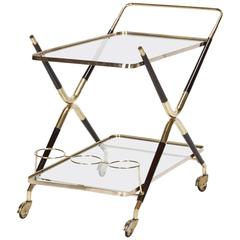 Retro Italian Cesare Lacca Bar Cart Brass Mahogany, 1950s