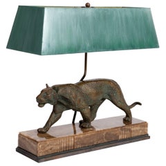 Art Deco Panther Table Lamp in Cast Bronze on Onyx Base, Hand Signed Rulas