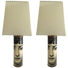 Piero Fornasetti, Pair of Metal Table Lamps with Original Serigraphy, 1950s