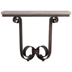 French Art Deco Wall Console Table, Solid Iron with Marble Top by V. Ducrot