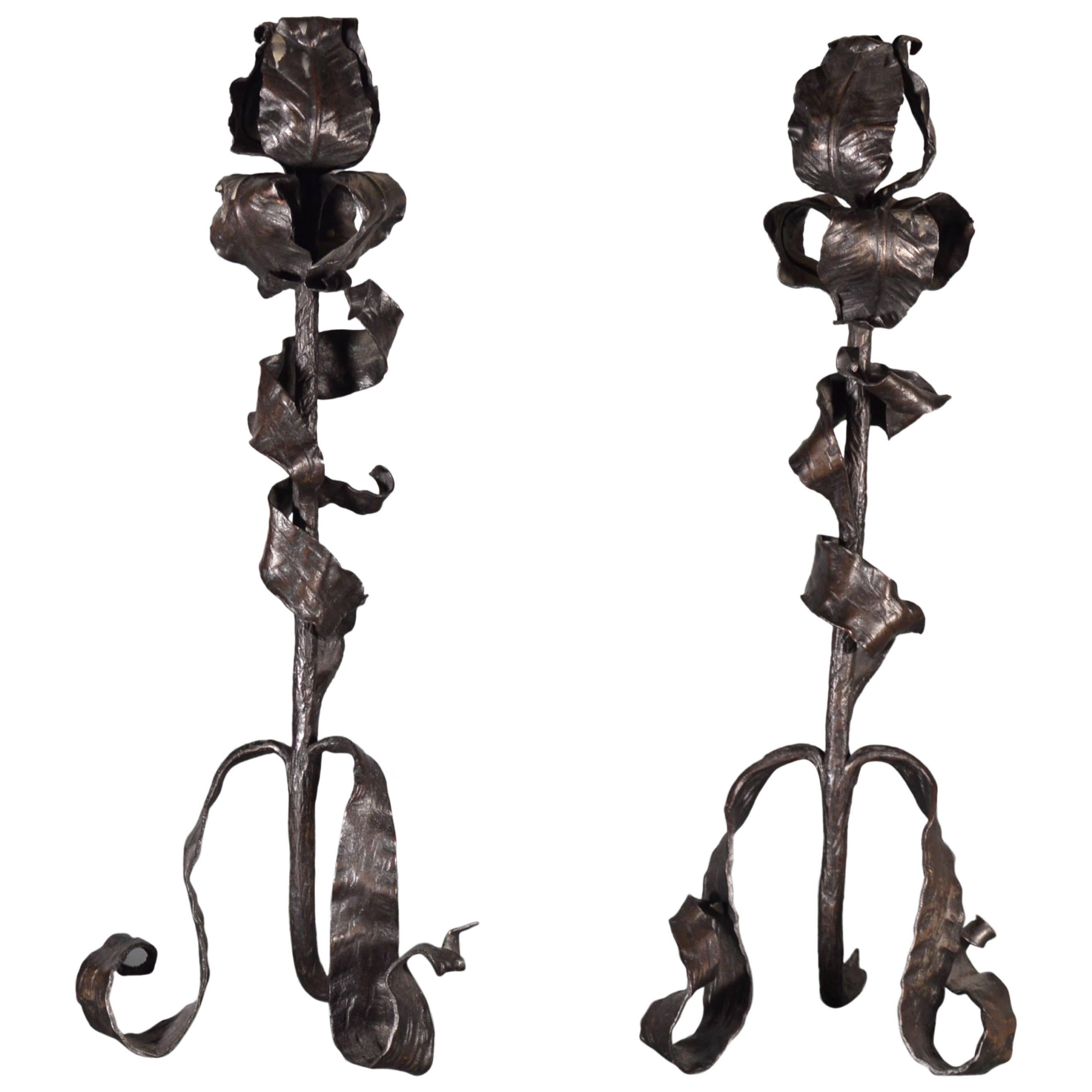 Pair of Patinated Iron Rose-Shaped Candlesticks