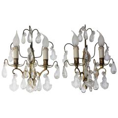 Pair of French Wall Sconces Brass and Cut Crystal, circa 1920s