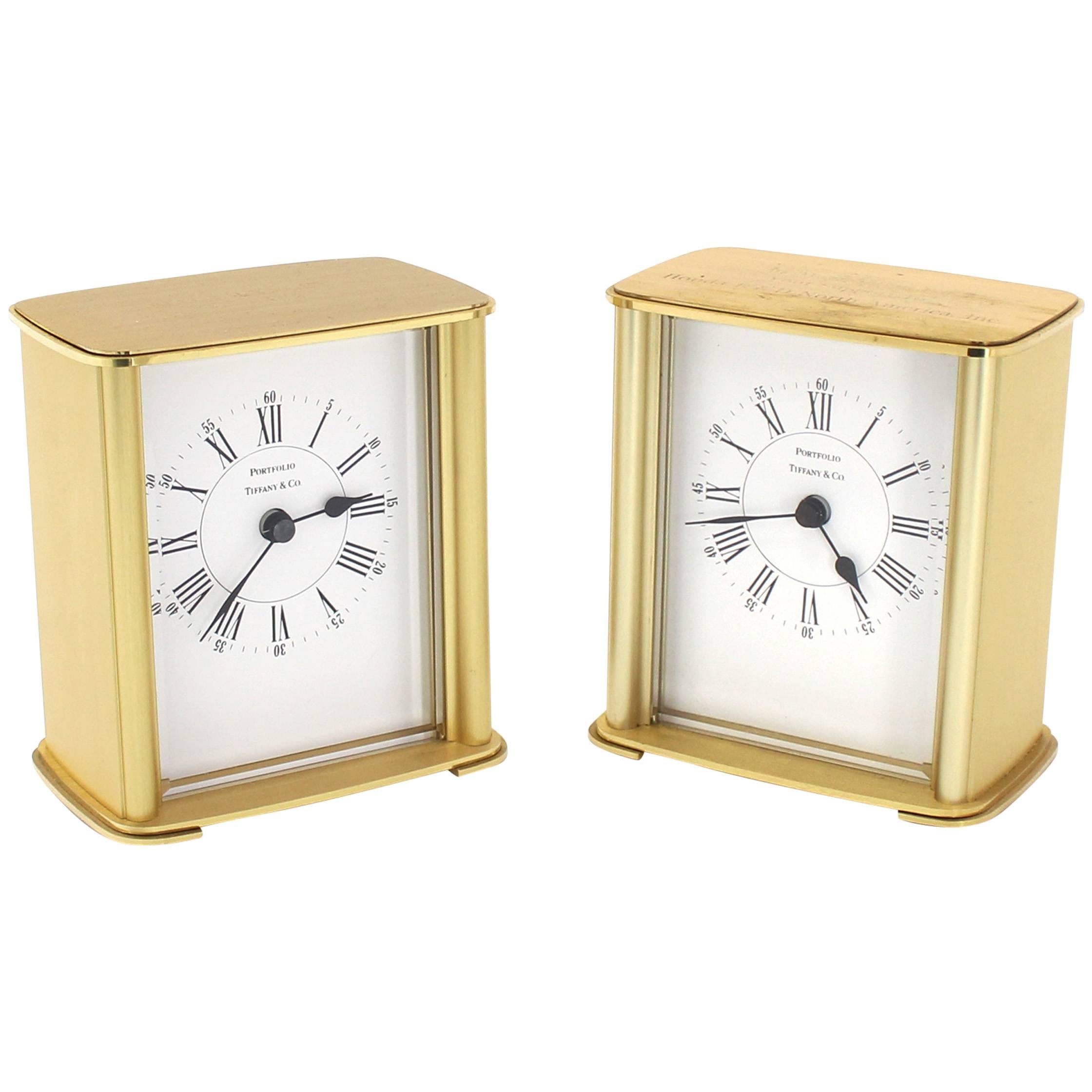 Pair of Brass Vintage Tiffany Desk Mantle Clocks Mid Century Modern Design