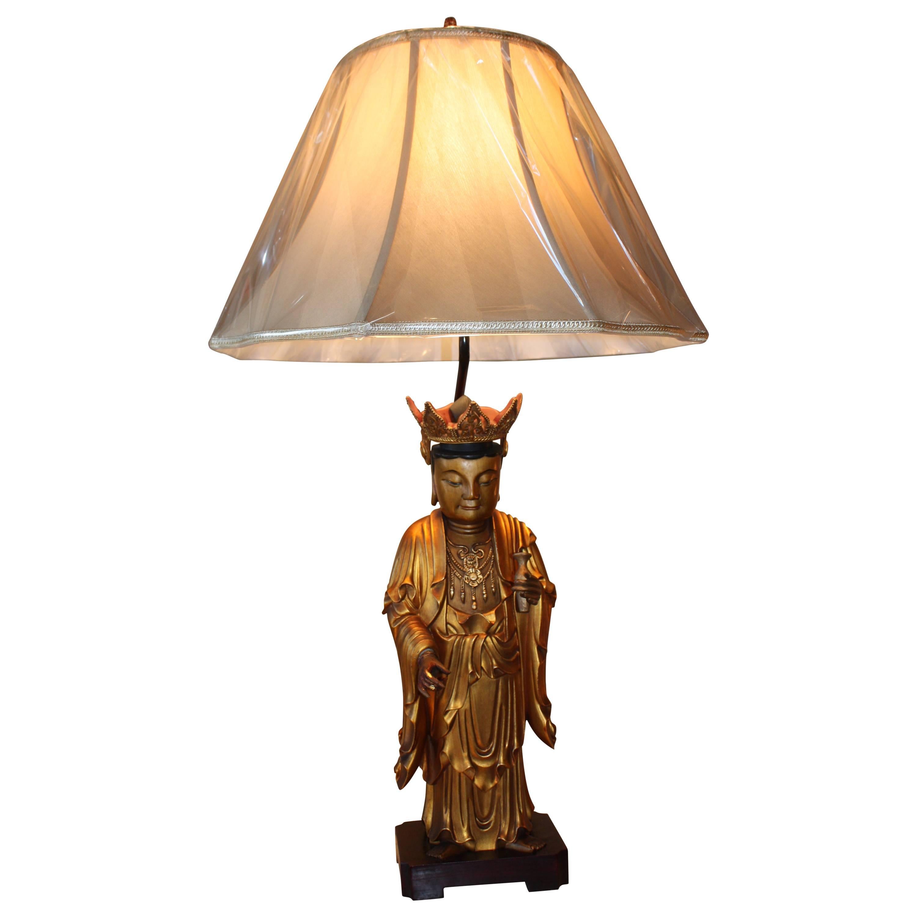 Chinese Lacquered Giltwood Buddha Statue Table Lamp
