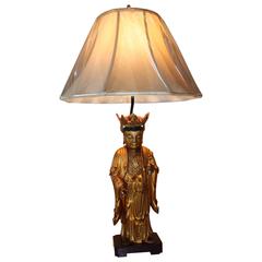 Antique Chinese Lacquered Giltwood Buddha Statue Table Lamp