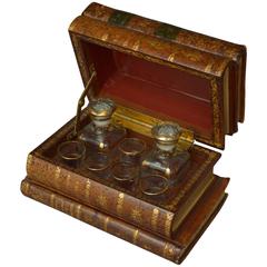 French Book Shaped Liquor Leather Box with Baccarat Glass