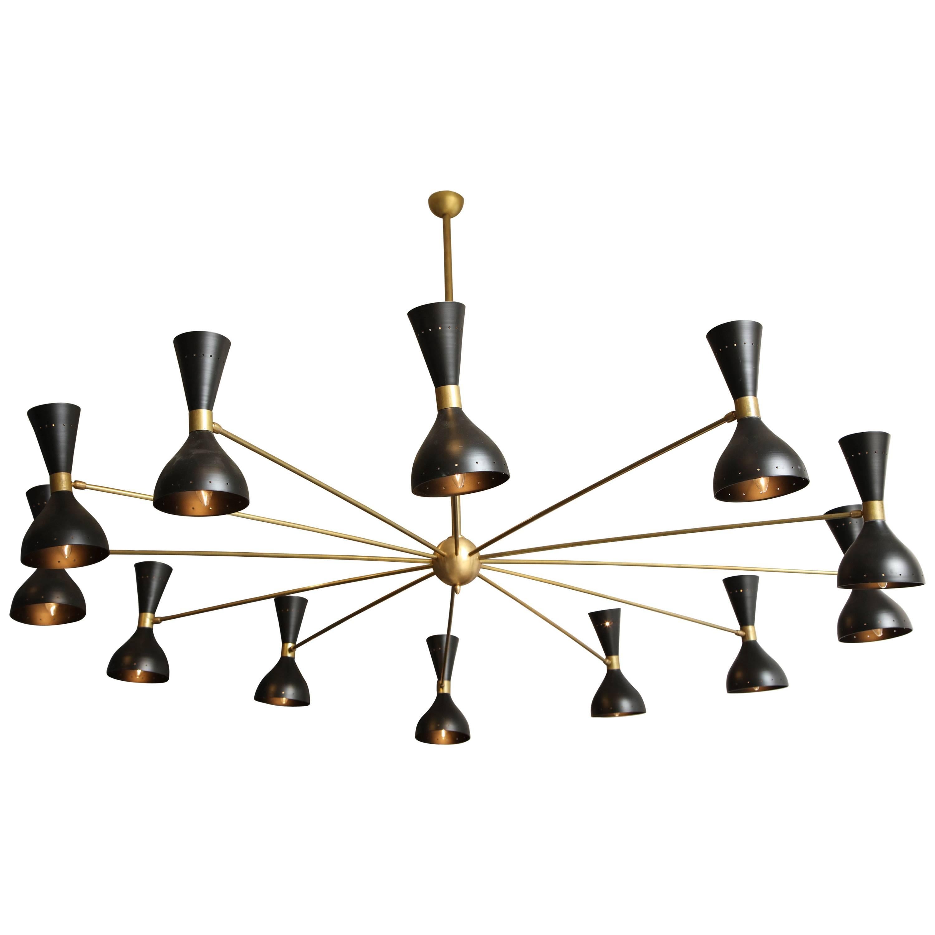Large Black Lacquer and Brass Chandelier in the style of Stilnovo For Sale