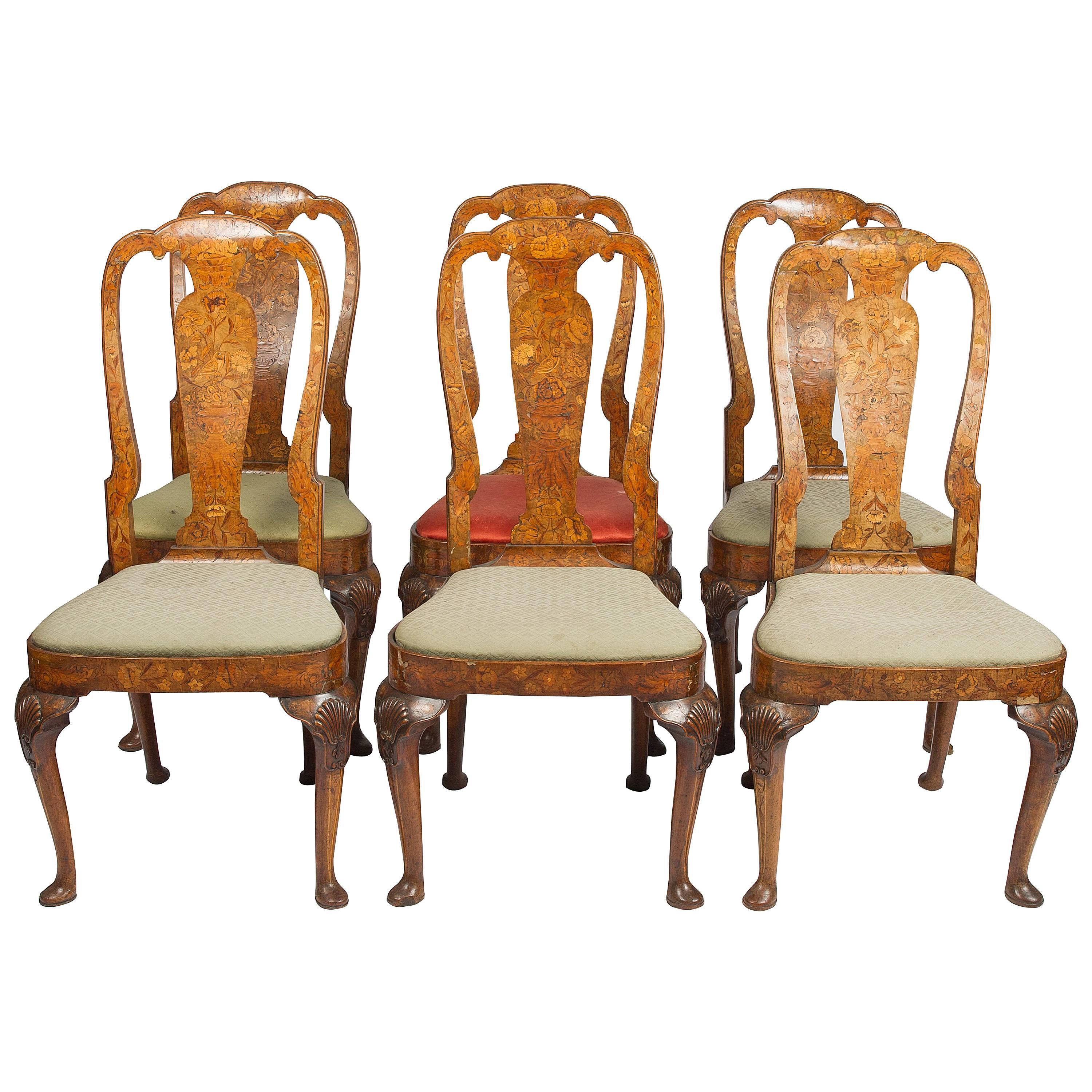 Set of Six 18th Century Dutch Marquetry Chairs For Sale
