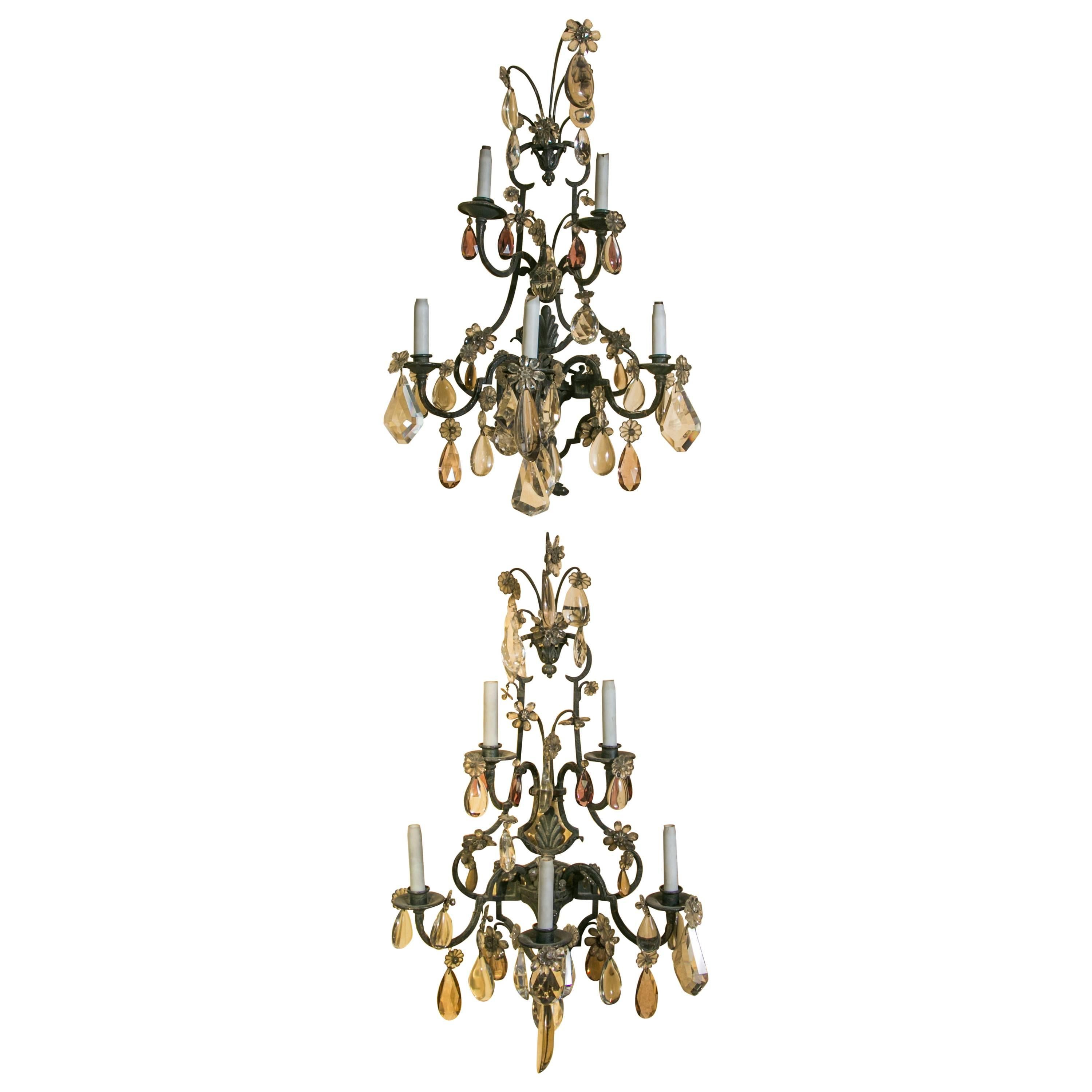 Important Pair Iron Wall Sconces Five Arms White and Color Crystal Drops For Sale